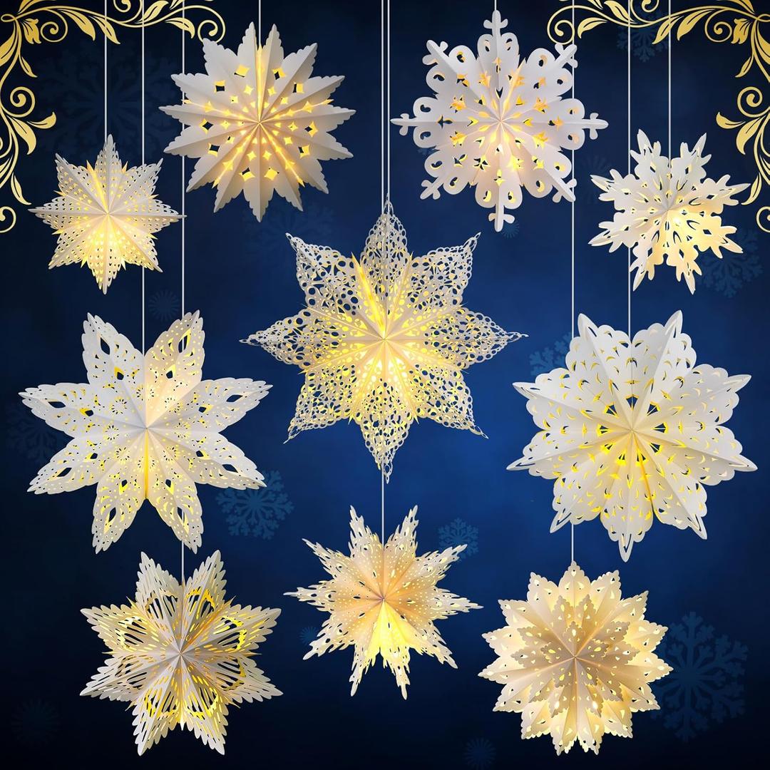 Mudder 10 Pcs Snowflake Paper Lantern Paper Star Lantern with 14 LED Light Paper Lamp Frozen Party Hanging Decoration for Christmas Weddings New Year Birthday Holiday Celebration, White