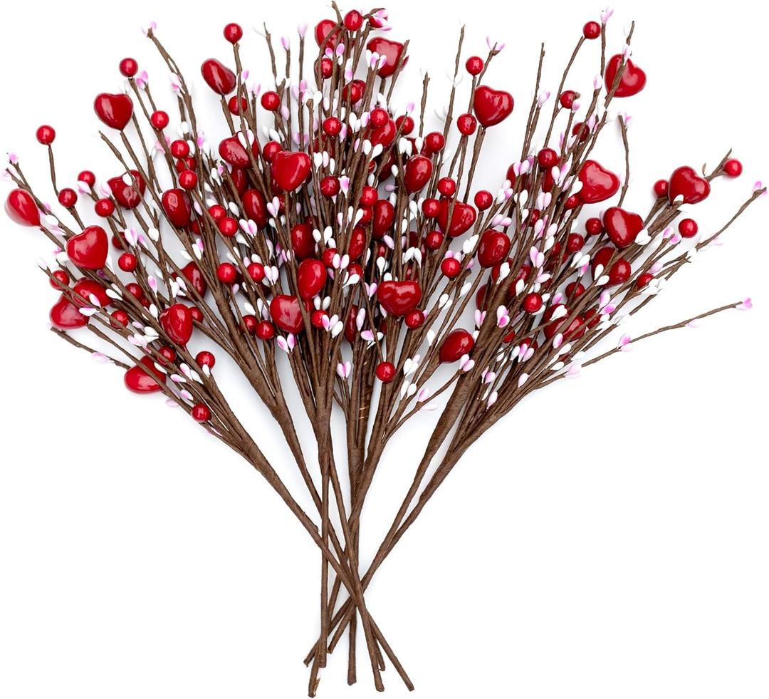 Valentines Day Decorations Floral Picks Stems - 8Pcs,16 Inch Artificial Red Berry Heart Shaped Branches Gift for Wedding Home Vase Decor