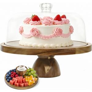 Acacia Wood Cake Stand with Lid, 2-In-1 Cake Plate with Acrylic Lid, 12in Round Dessert Table Display Set, Raise Dome for Charcuterie Board, Cheese, Chips & Dips, Nachos, Fruit Platter (12in)