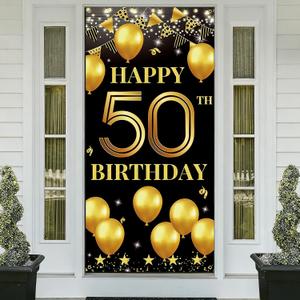 Vicycaty 50th Birthday Decorations for Men & Women, Fabric Happy 50th Birthday Banner Backdrop, 50 Year Old Party Photo Props, Yard Sign, Welcome Door Decor Supplies, Black Gold, Indoor Outdoor Use