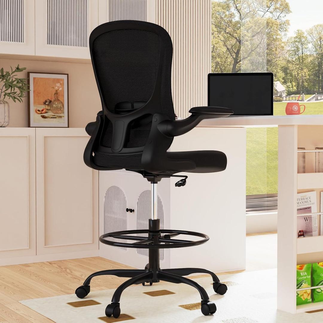 Drafting Chair, Tall Office Chair with Flip-up Armrests Executive Ergonomic Computer Standing Desk Chair, Office Drafting Chair with Lumbar Support and Adjustable Footrest Ring (Black)