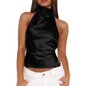Women Satin Halter Tops Going Out Tank Top Mock Neck Backless Open Back Summer 2026 (Small, Black)