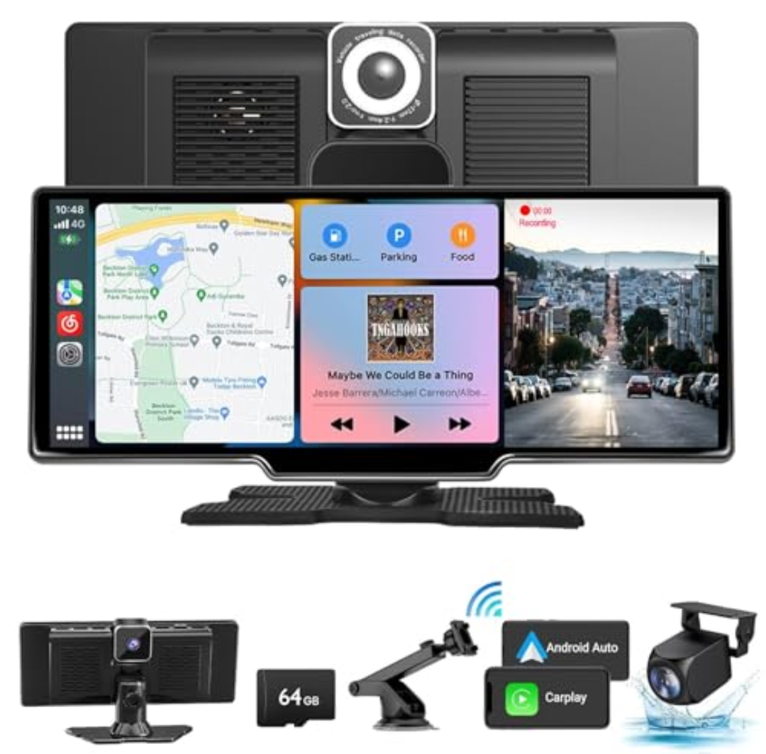 Wireless Carplay Screen for Car, 10.26" HD Touchscreen with 4K Dash Cam Portable Carplay & Android Auto Car Stereo with Backup Camera, GPS Navigation Mirror Link, Bluetooth, FM, Siri