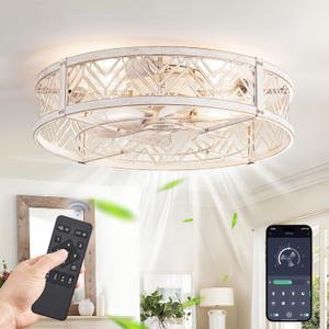 LEDIARY 23" Caged Ceiling Fan with Light, Large Flush Mount, App&Remote Control, Low Profile Bladeless Fan Light Fixture 6 Speed, Reversible and Quiet Motor-White Gold