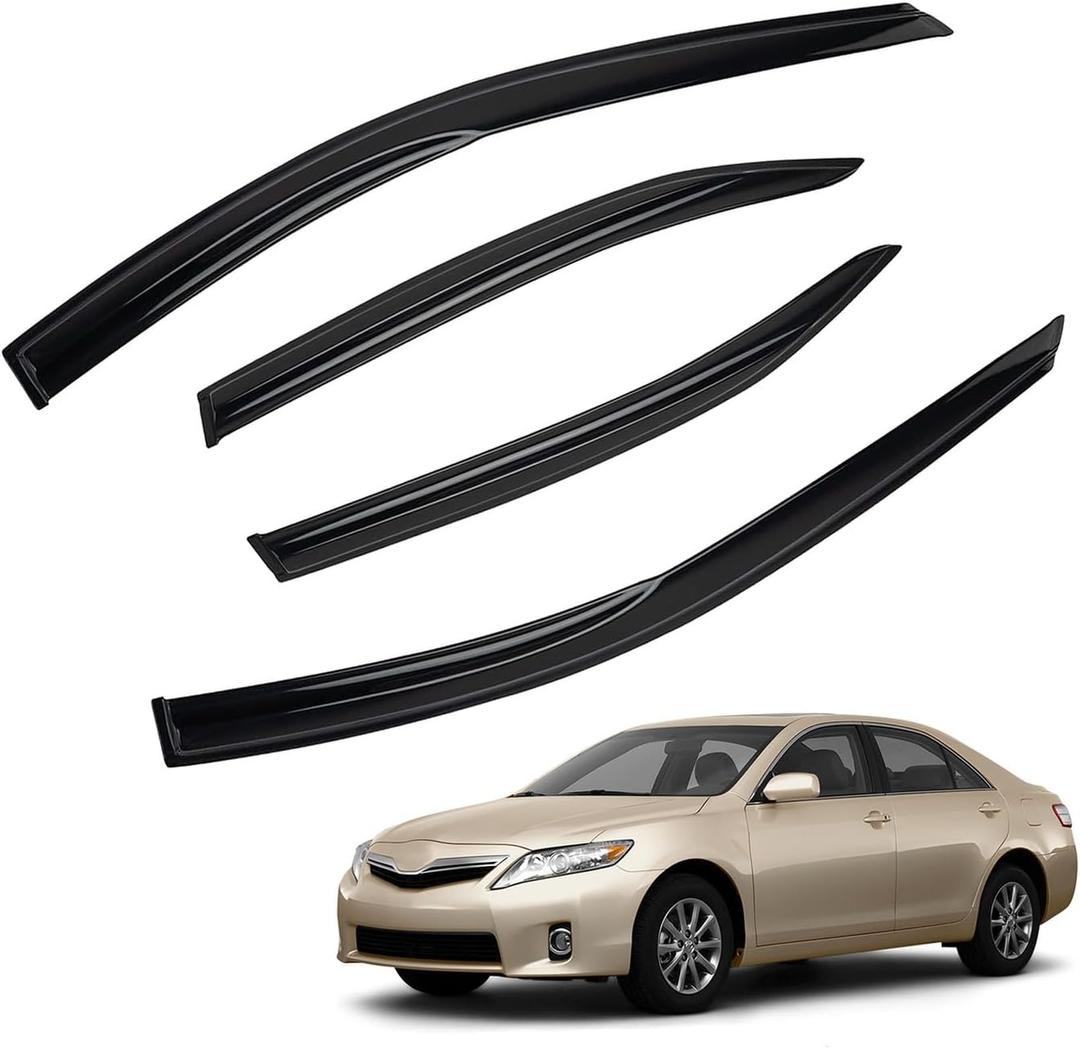 MXSAG 4pcs JDM 3D Wavy MU Style Window Visors Compatible with 2007-2011 Toyota Camry, Front+Rear Left+Right Outside Mount Type Dark Smoke Tint Tape-On Side Sun Rain Guards Set of 4