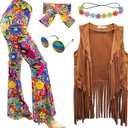 ATAMET 6 Pcs 60s 70s Hippie Costume Disco Outfits Fringe Vest Boho Bell Bottoms Peace Accessories Set Halloween for Women, Size XL, Kids