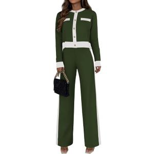 PRETTYGARDEN Women's 2 Piece Outfits Long Sleeve Button Down Color Block Cardigan Sweater Sets Wide Leg Pant Lounge Set (Large, Army Green)