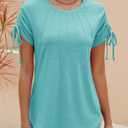 Womens Summer Casual Short Sleeve Tops Crew Neck Pleated T Shirts Blouses Drawstring Cap Sleeve Tee Tunic 2025 (Blue, M)