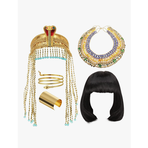 Yunlly 5 Pcs Egyptian Headpiece for Women Short Black Bob Wigs Head Chain Snake Arm Cuff Collar Necklace Bracelet Accessory