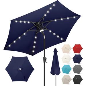 FLAME&SHADE 7.5 FT Solar Light Patio Umbrella, 24 LED Lights Outdoor Umbrella with Centre Surround Light, Table Umbrella Outdoor Patio for Deck, Pool, Backyard, Garden, UV Protection (Navy Blue)