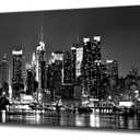 Biuteawal New York City Canvas Wall Art Modern Black and White Cityscape Poster Picture Prints Manhattan Skyline Night View Painting Artwork for Home Office Living Room Decoration Gallery Wrap, Size:16"x48"(40x120cm)
