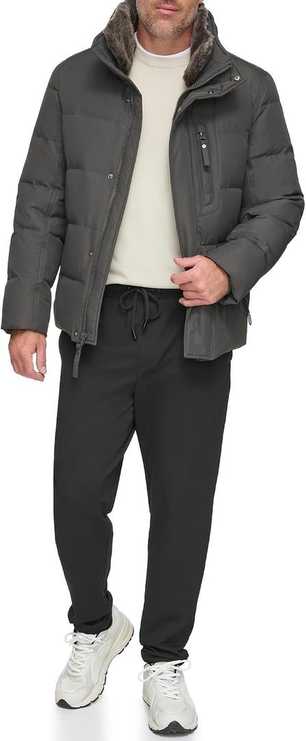 Andrew Marc Men's Mid-Length Puffer Jacket, SMOKE (FAUX FUR COLLAR), XX-Large