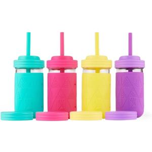 Elk and Friends Kids + Toddler Glass Cups | The Original 12oz Glass Mason Jar with Sleeves + Lids | Silicone Straws + Stopper | Smoothie Cup | Food Storage | Spill Resistant | Dishwasher Safe | 4 Pack (Purple/Pink/Teal/Yellow)
