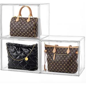 HBlife 3 Pack Purse Storage Organizer for Closet, X-Large Clear Stackable Handbag Display Case Box with Magnetic Door for Collectibles, Cosmetics, Women Heels and Toys