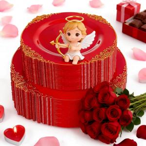 102PCS Red and Gold Plastic Plates - Red Plates Disposable - Vintage Plastic Plate with Gold Rim Include 51PCS Dessert & 51PCS Dinner Plate Perfect for Weddings & Party & Valentine's Day (7.5inch/10.25inch)
