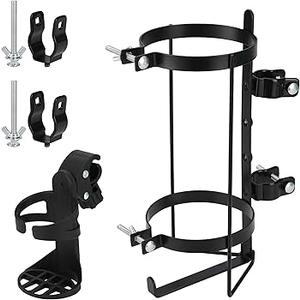 Oxygen Tank Holder for Walker and Rollator Fits D and E Cylinders for 1 inch to 1 1/8 inch 25 to 28.6 mm Tubes ONLY Steel Bracket with Secure Straps and Cup Holder 