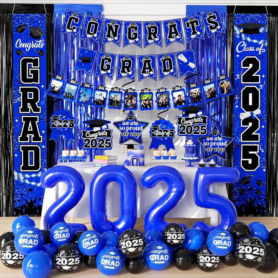 Graduation Decorations Class of 2025, Door Porch Signs, Congrats Grad Hanging Swirls, Streamer Backdrop Tinsel Curtains for Men Women Graduation Party (Blue)