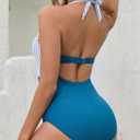 Women's One Piece Swimsuits Tummy Control Cutout High Waisted Bathing Suit Wrap Tie Back V Neck Swimwear (Blue, XL)