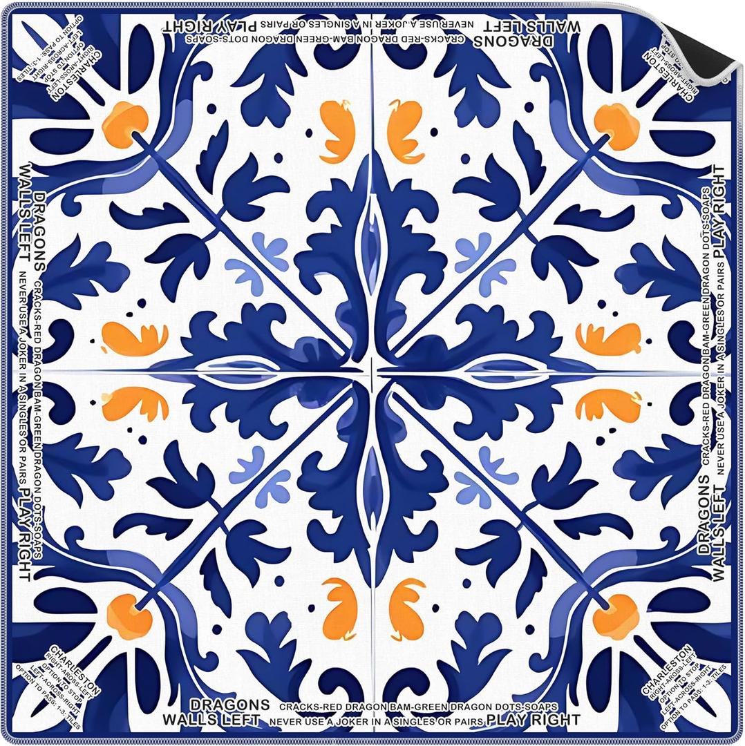 Mediterranean Blue Mahjong Mat 31.5 x 31.5 In, Vintage Blue and Orange Tile Mahjong Mat for Table, Non-Slip Noise Reduction Game Table Cover for Card Poker Dominoes Dice and Board Games