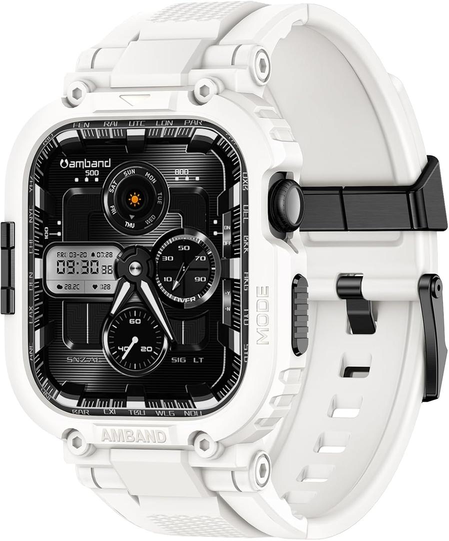 amBand Compatible with Apple Watch Series 11/10 42mm Bands Case for Men Women, M1 Sport Rugged Heavy Duty Protective Cover Tactical Strap Military Protector Bumper for iWatch Accessories - White
