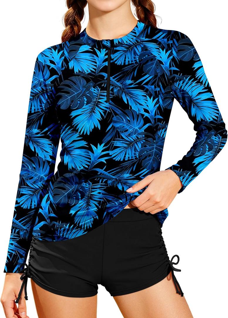 Girls Rash Guard Swimsuit Two Piece Set Colorblock Long Sleeve Bathing Suit UPF50+Sun Protection Swim Suits 11-12Y
