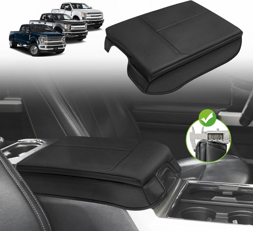 Muslogy Center Console Armrest Cover Compatible with Ford F150 2015-2020 &F250 F350 F450 2017-2022 & Expedition 2018-2024 Comfort Pad ArmRest Cushion Vegan Leather 1-Inch Extra Thick(Bucket Seat ONLY)