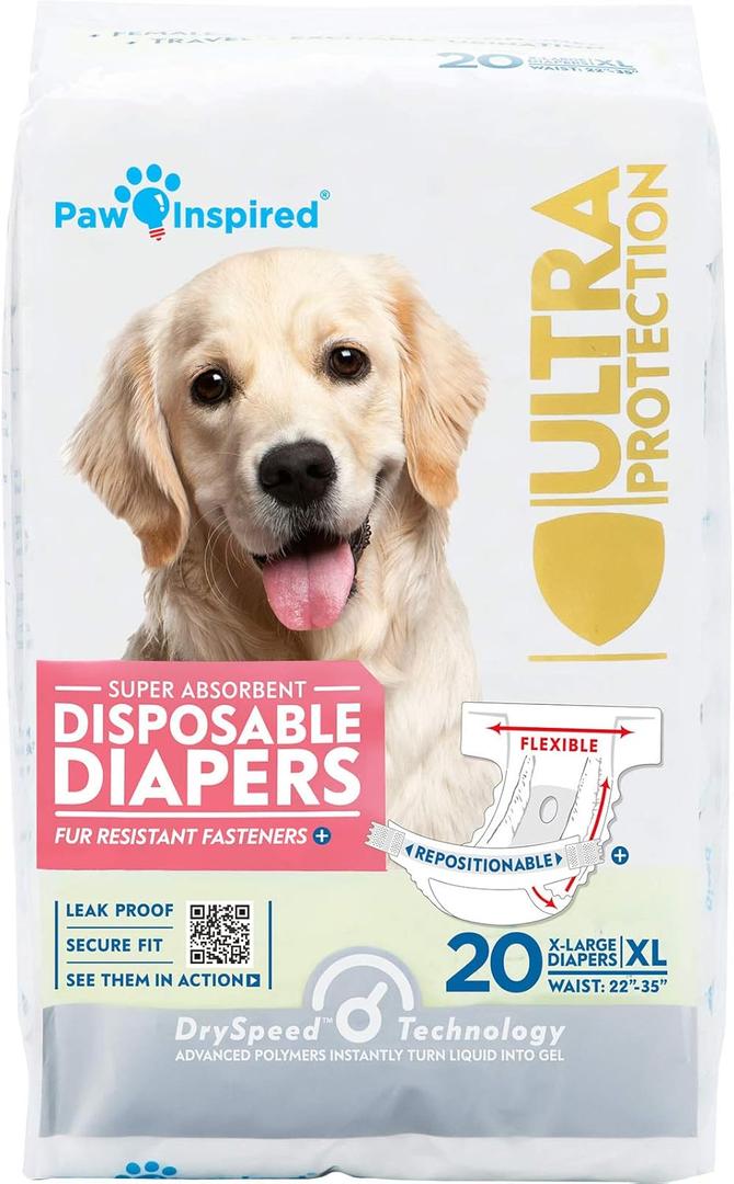 Paw Inspired 20ct Disposable Dog Diapers | Female Dog Diapers Ultra Protection | Diapers for Dogs in Heat, Excitable Urination, or Incontinence (X-Large)
