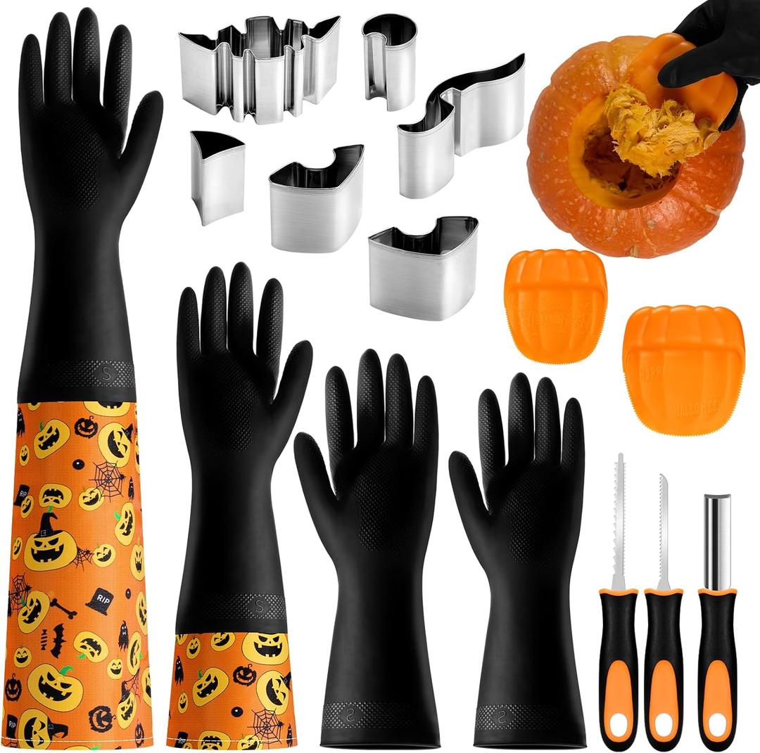 Pumpkin Scraper Glove Set, Halloween Pumpkin Carving Kit with 2 Pair of Gloves & 2 Scrapers(Adult&Child Sizes), Pumpkin Carving Tools for Clean & Easy to Carve Jack-O-Lantern