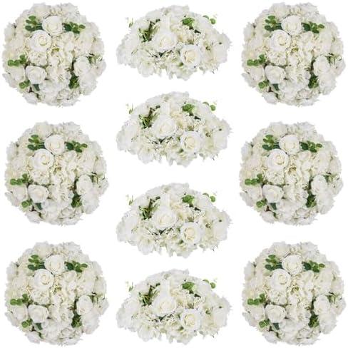 Inweder White Flowers Balls for Centerpieces: 15.7in Diam, Set of 10 | More Stable With Base Design, Large Rose Flowers Arrangement for Weddings, Reception Decor for Couples, Newlyweds