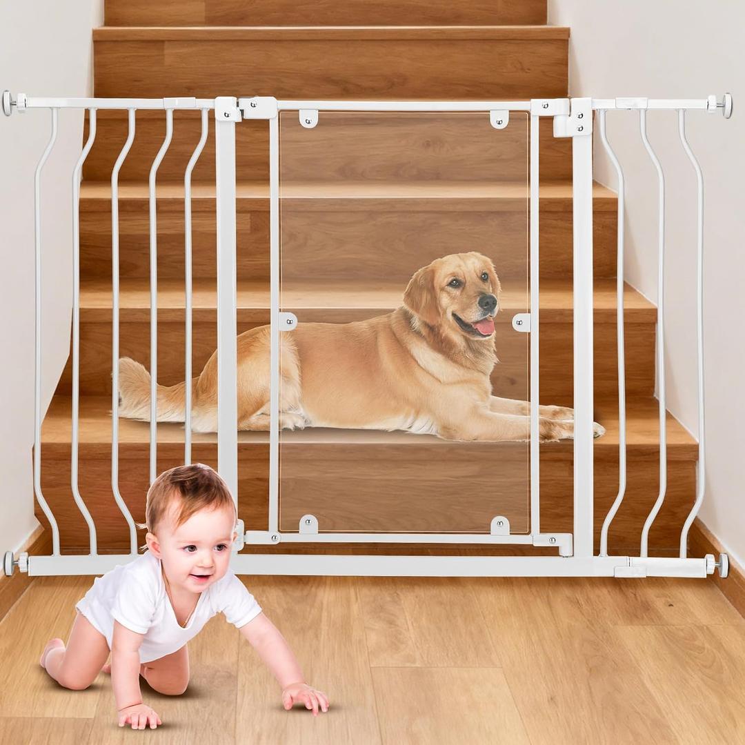 Clear Baby Safety Gate for Stairs 28.5"48.5" Wide, 30" High, Pressure Installation, Auto Close Clear Baby Gate for Stairs Require No Drilling, Pet Gate Suitable for Corridors and House, White