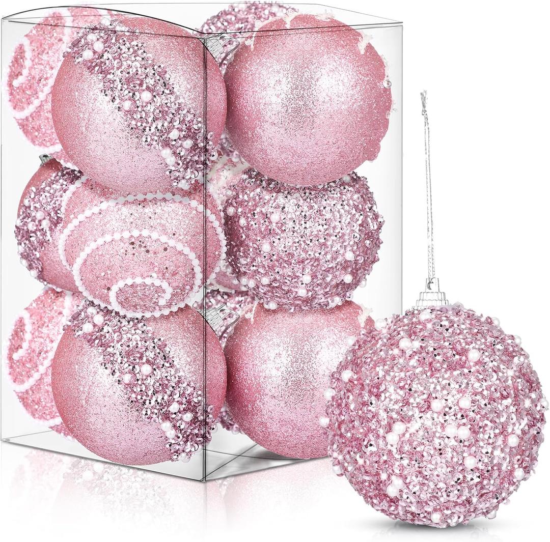 Liliful 12 Pcs Christmas Ball Ornaments Christmas Tree Decorations Shatterproof Foam Glitter Balls Hanging Xmas Tree Ornaments for Home New Year Holiday Indoor Outdoor Party Decor(Pink,3.54 Inch)