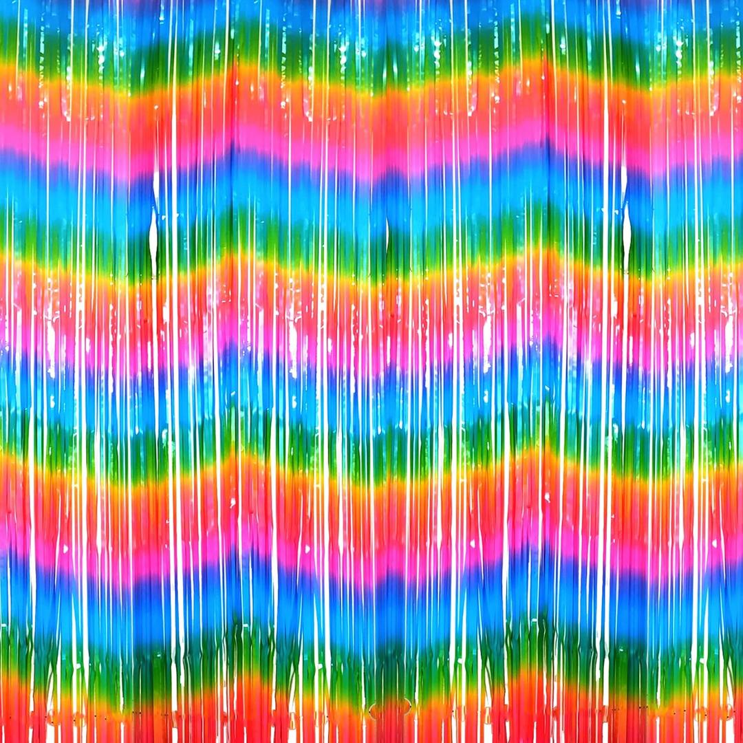 3 Pack 3.2ft x 8.2ft Rainbow Metallic Tinsel Curtains Mexican Fiesta Party Photo Backdrop Foil Fringe Curtains Photo Booth Props for Birthday Party,Tie Dye Bridal Shower Party Decorations