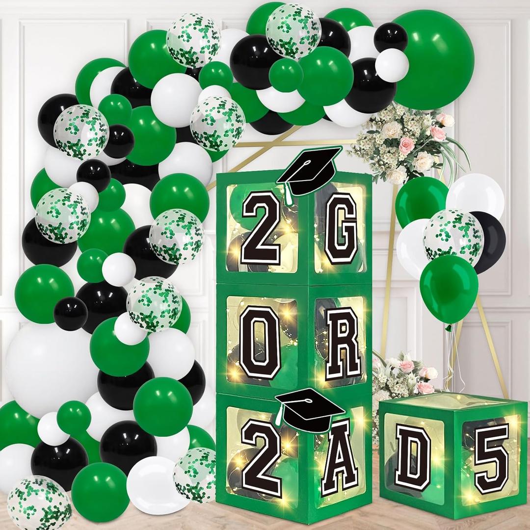 DAZONGE Graduation Decorations 2025, Set of 4 Green Graduation Boxes with 139pcs Balloon Arch Garland Kit & 4 String Lights - So Proud of You Class of 2025 Decorations