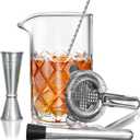 LIGHTEN LIFE Cocktail Mixing Glass Set, Bar Mixing Set with 20oz Crystal Thick Bottom Glass, Spoon, Jigger, Strainer and Muddle, 5 Pieces Cocktail Mixing Glass Kits Perfect for Amateurs and Bartenders