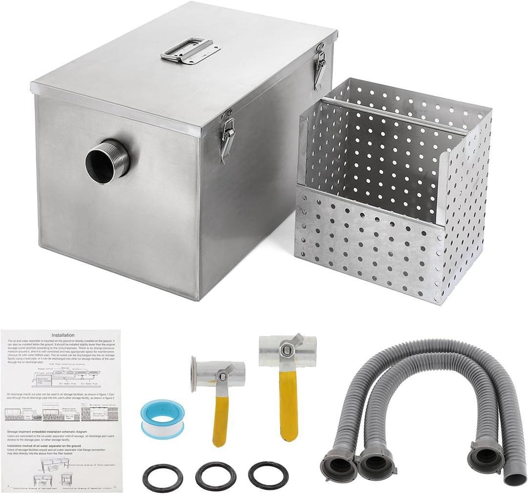BEAMNOVA Commercial Grease Trap, 8lbs, Stainless Steel, Side Inlet | Grease Interceptor, Under Sink Above Ground Industrial for Restaurant Foodtruck Home Kitchen Tools Oil Water Seperator