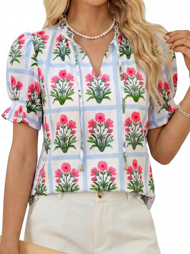 Tankaneo Womens Summer Floral Ruffle V Neck Blouses Dressy Casual Puff Short Sleeve Loose Fit Boho Shirts Tops, Medium