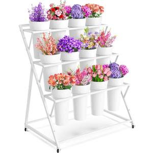 VGMiu Flower Display Stand with 12 Buckets, White Flower Cart with Wheels 3 Layers Metal Flower Bar Stand Moving Flower Stand Florist Bouquet Shelf for Weddings Party Ceremony Indoor Outdoor Garden