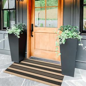 KIMODE Fall Front Door Mat 24"x51", Black and Khaki Striped Layered Door Mat Outdoor, Washable Farmhouse Front Porch Rug Halloween Thanksgiving Decorations, Cotton Hand Woven Entryway Rug