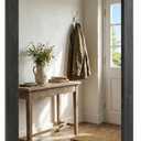 24"x36" Black Wood Grain Barn Door Vanity Mirror with Wood Header | 100% solid wood, HD tempered glass, bronze-tone iron rail; farmhouse vanity mirror for over sink, powder room, entryway
