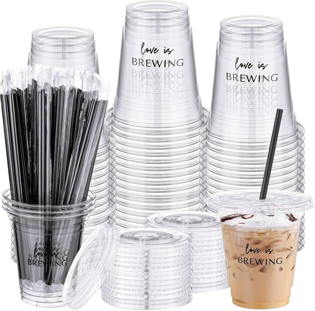 50 Set Love Is Brewing Plastic Cups Bulk Wedding Iced Coffee Cups Disposable Clear Bridal Shower Drinking Cup with Lid Straw Wedding Coffee Bar Reception Decoration for Bachelorette Engagement Party