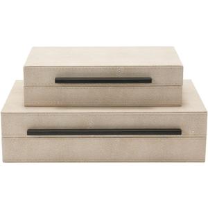 Sagala Set of 2 Ivory Shagreen Decorative Boxes With Black Metal Handles, Faux Leather Jewelry Boxes Modern Storage Boxes Photo Boxes Memory Boxes Home Organizer Box(Ivory), 14.2x8.6x3.5cm