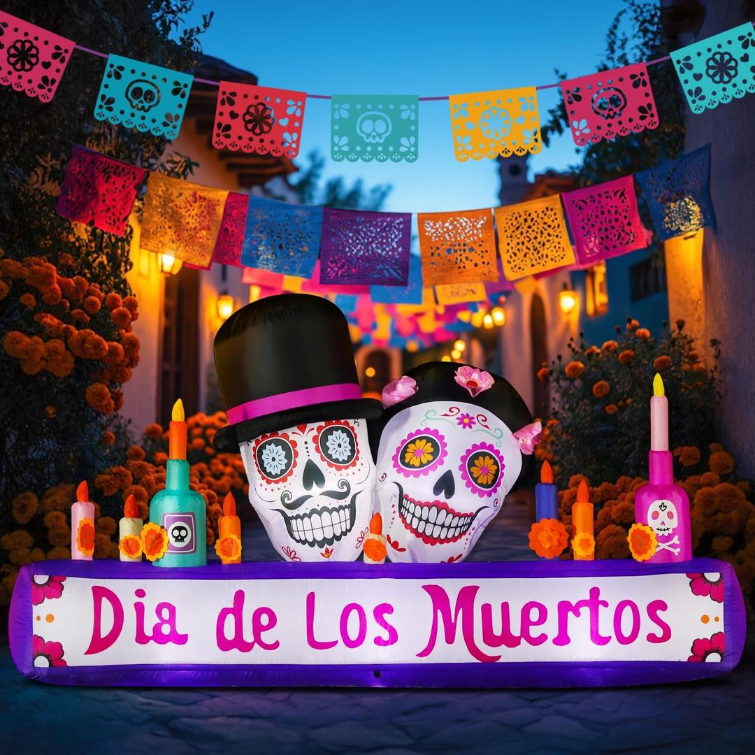 DomKom 8FT Halloween Inflatable Blow Up Decorations, Dia de Los Muertos Day of Dead Catrina Skulls Altar, Built-in LEDs for Holiday Party, Garden, Lawn, Yard, Patio Dcor