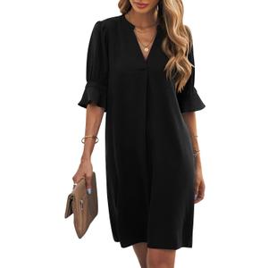 Wkior Summer Dress for Women Short Sleeve Solid Color Loose Casual Elegant Dress Black S