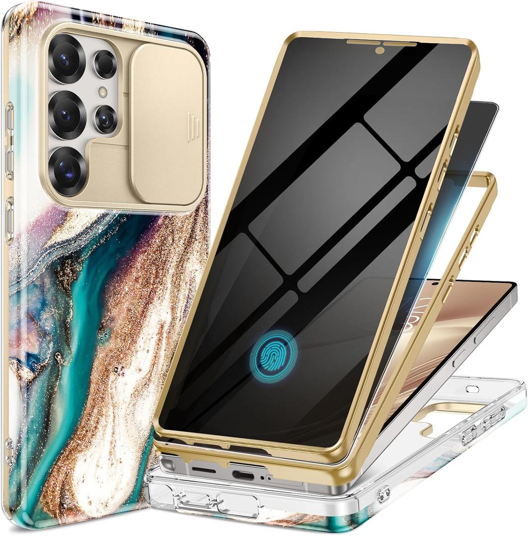 GVIEWIN for Samsung Galaxy S25 Ultra Case, [Slide Camera Cover & Built-in Anti-Spy Privacy Screen Protector] [2 Front Frame] Shockproof Military Grade Marble Phone Case 6.9" (Drift Sand/Brown)
