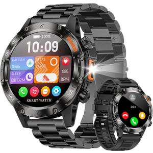 Smart Watches for Men,Military Rugged Men Smartwatch, Stainless Steel Body, IP68 Waterproof, 30-Day Long Standby, Answer/Make Call, 1.43" HD Screen, Compatible for Android iOS(2 Bands) (Dark)