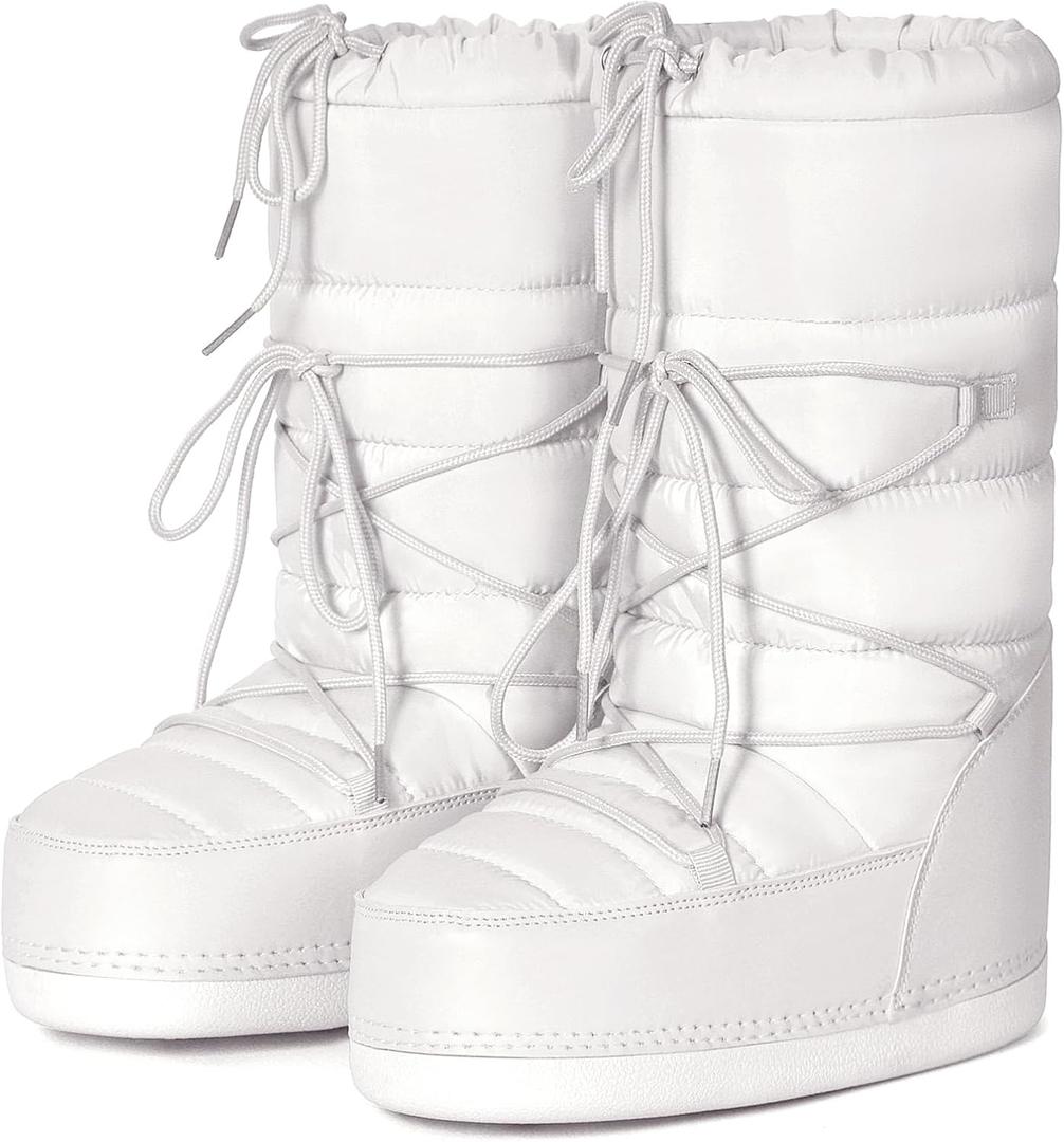 Womens Winter Snow Boots Mid Calf Anti-Slip Boots with Warm Lining Lace-up Outdoor Shoes (6.5, White)
