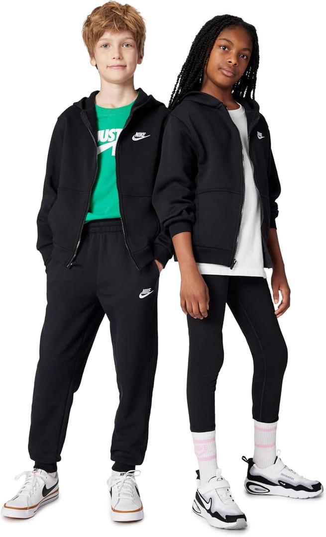 Nike Unisex Big Kids' Sportswear Club Fleece Full-Zip Hoodie - Boys and Girls Sweatshirt (Small, Black/White)