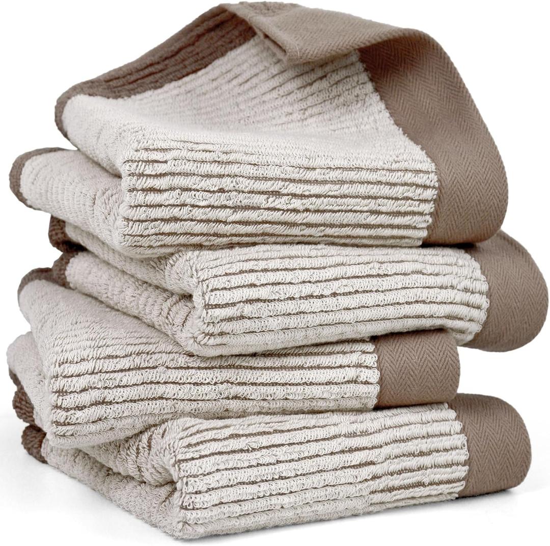 Cleanbear Hand Towels for Bathroom Set of 4, Jacquard Weaved Cotton Face Towels, 28 x 13.7 Inches (Light-Brown)