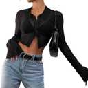 Avanova Women Sheer Mesh Button Down Crop Top Bell Sleeve Asymmetrical Hem Shirt Black C X-Large