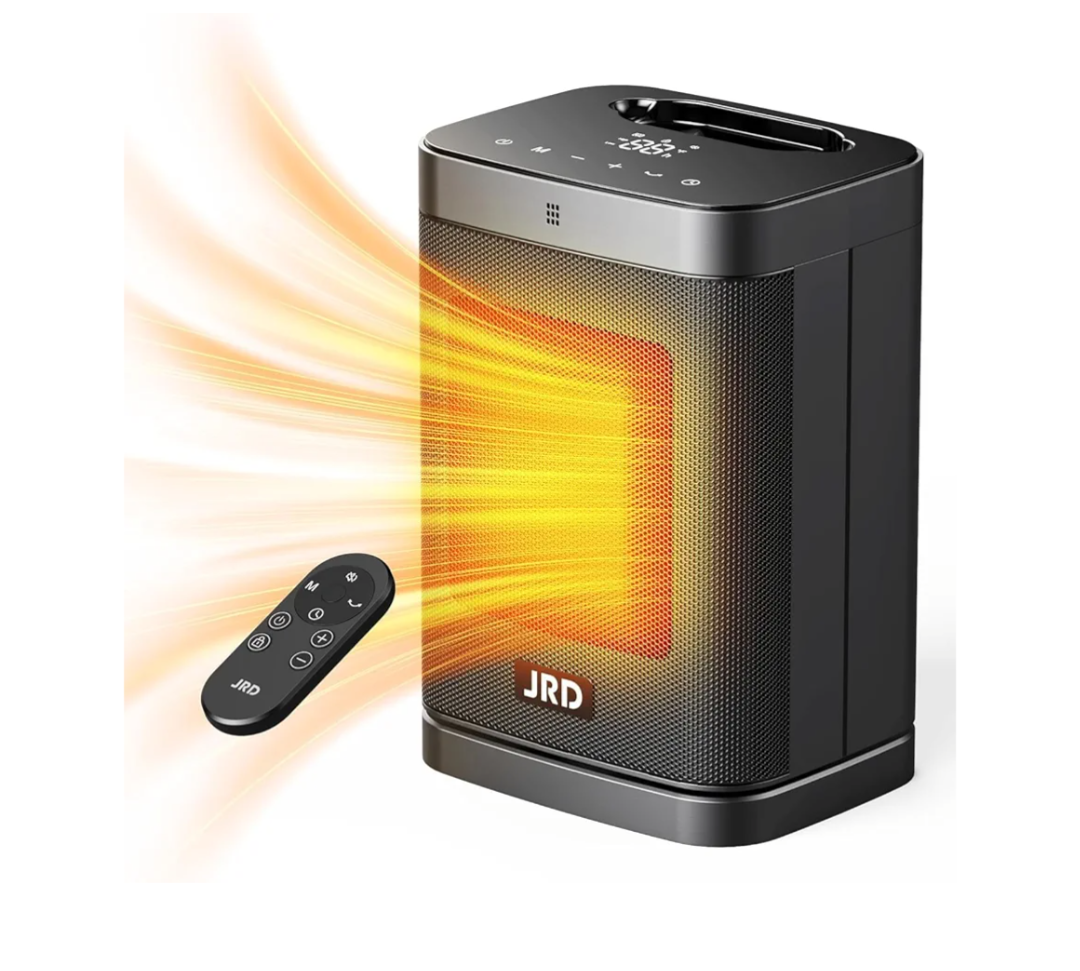 JRD 10inch PTC Space Heater with 80°Oscillation, Thermostat, 12h Timer, Fast Heat, Eco Mode, Remote, 1500W Small Quiet Safe Room Electric Heater, Portable Desk Heat for Office Bedroom